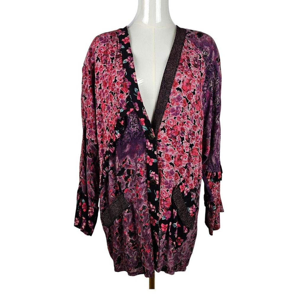 Carole Little Vintage Floral Jacket 6 M Purple Ruffle Mixed Media Boho Cottage